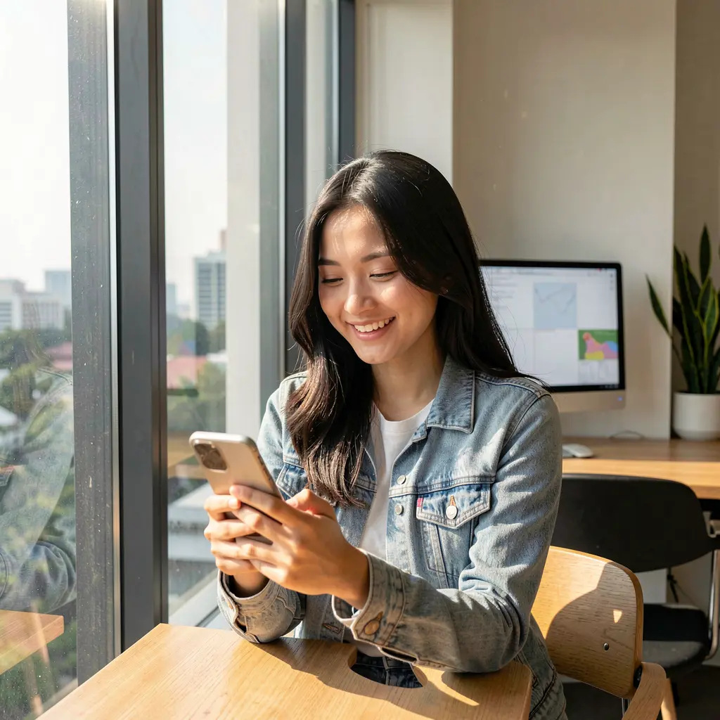 Young Malaysian woman smiling while browsing the FL88MY casino app on her smartphone in a bright modern indoor setting