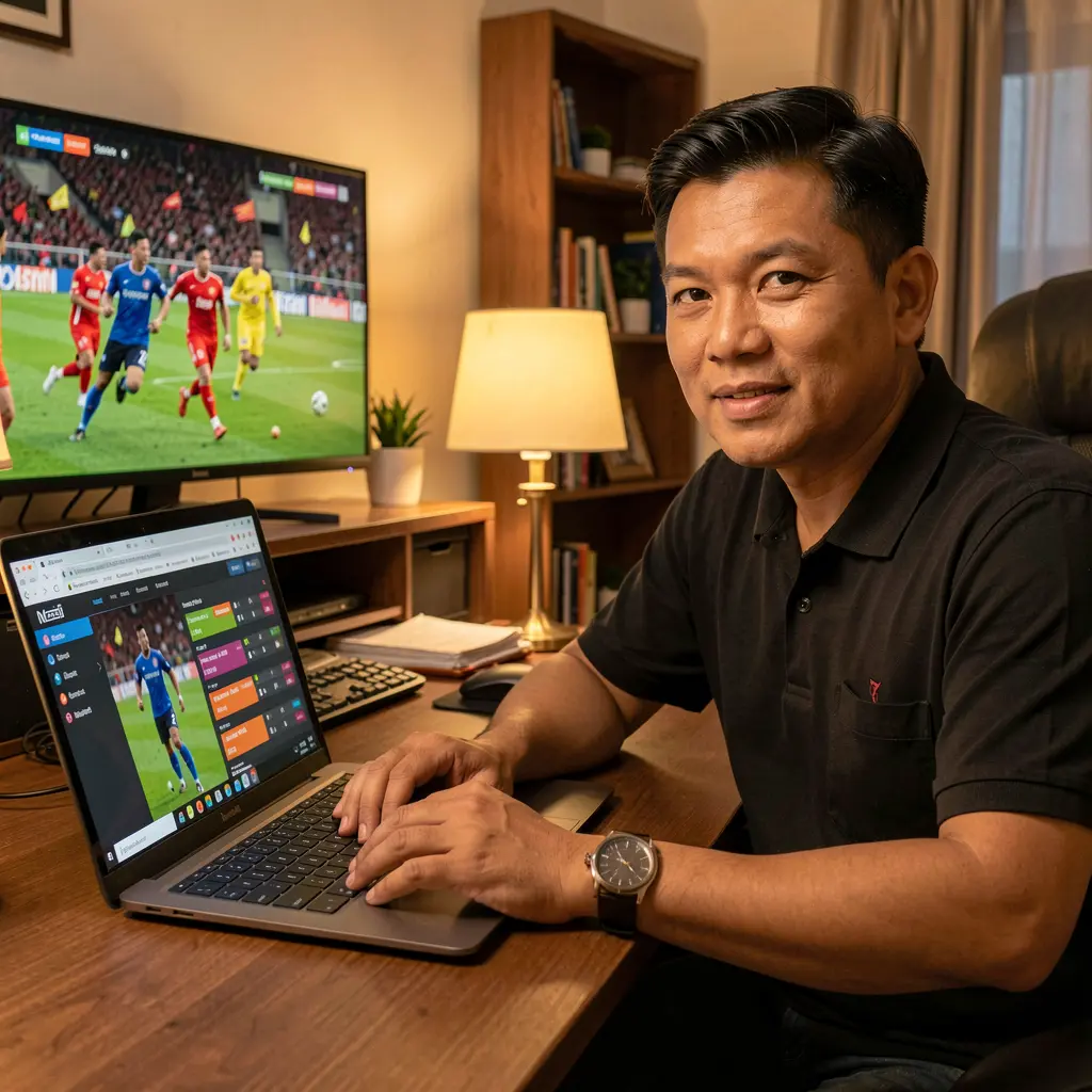 Focused Malaysian player placing live sports bets on a laptop through FL88MY while watching an intense soccer match on TV at home