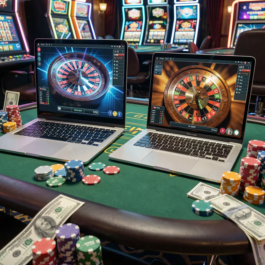 Modern laptop and smartphone displaying a glowing roulette wheel with stacked casino chips highlighting the immersive FL88MY online casino experience for Malaysia