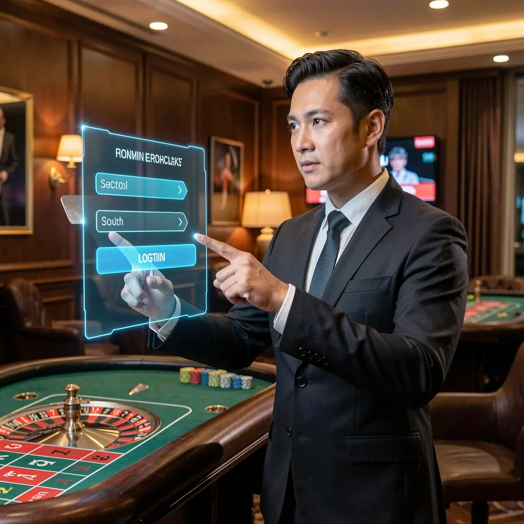 Professional FL88MY casino dealer pointing toward a futuristic holographic login panel with a glowing roulette table behind him
